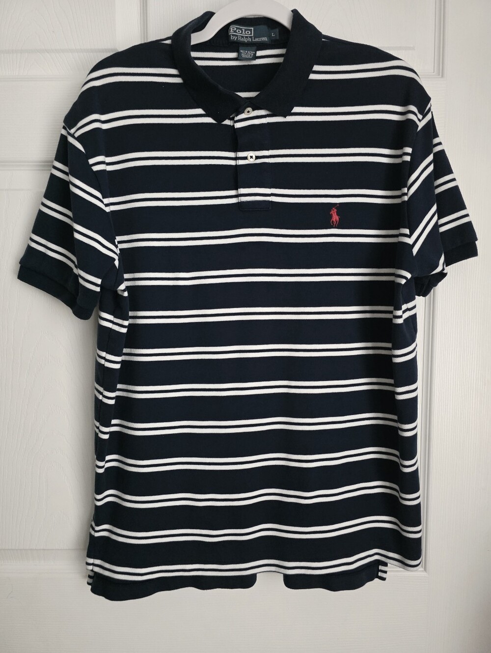 Vintage Y2K Polo Ralph Lauren Navy White Striped Polo Shirt Size Large EUC